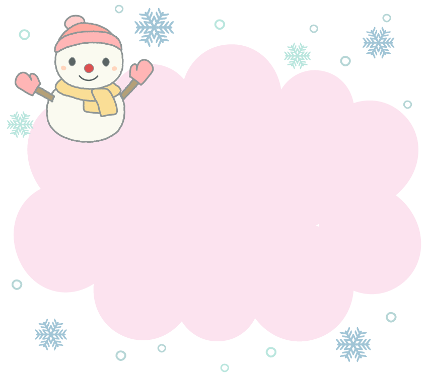 雪だるまと雪のピンク色のもこもこフレーム飾り枠イラスト