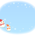 ２つの雪だるまと雪のふんわり水色フレーム飾り枠イラスト