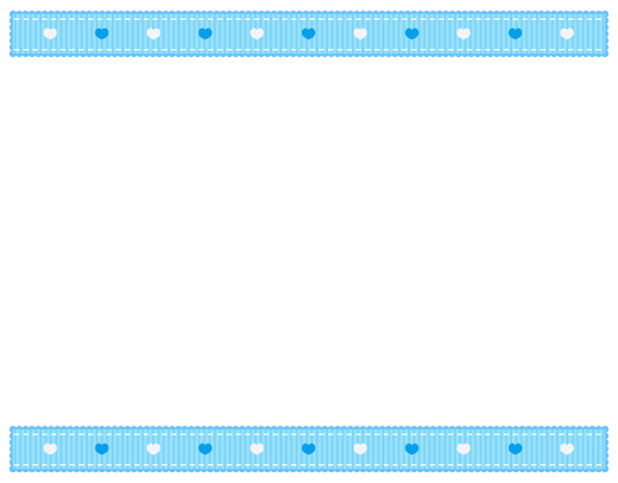 ハート柄の水色リボン風の上下フレーム飾り枠イラスト 無料のフリー
