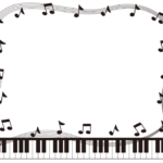 音符と五線譜とピアノの白黒囲みフレーム飾り枠イラスト