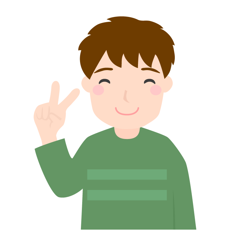 笑顔でピースをして喜ぶのイラスト（男性）