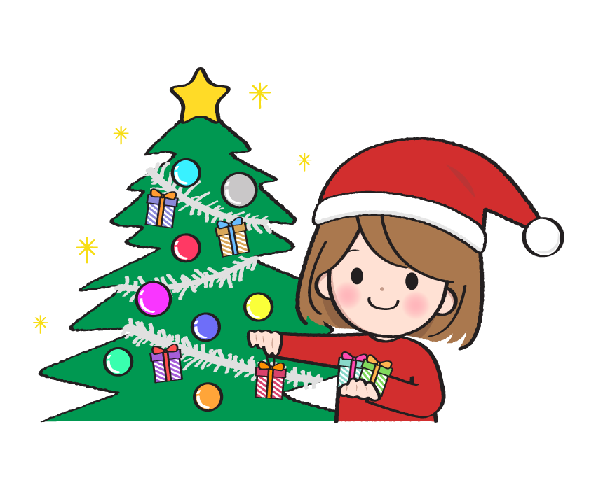 クリスマスツリーに飾り付けをする女性のイラスト 無料のフリー素材 イラストエイト