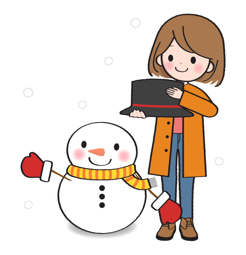 雪だるまを作っている女性のイラスト