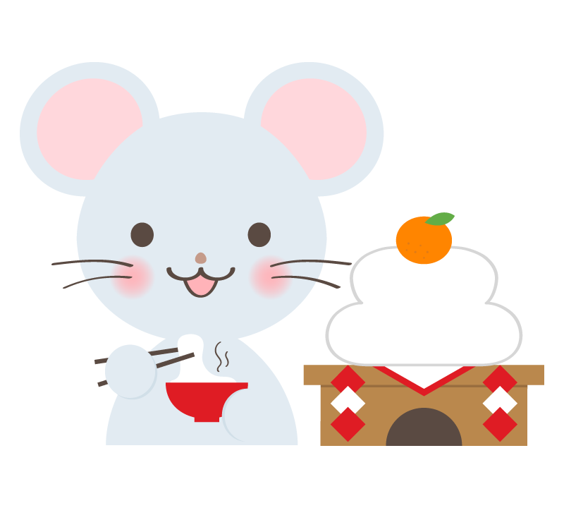 鏡餅とお餅を食べているネズミのイラスト