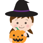 魔女のハロウィン仮装をした女の子とかぼちゃのイラスト