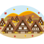 秋の茅葺屋根・古い民家のイラスト