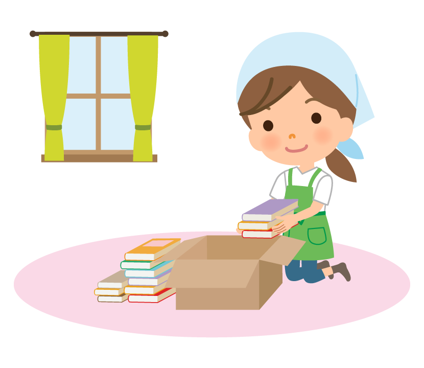 本の片づけや整理をする家事代行サービス・主婦のイラスト