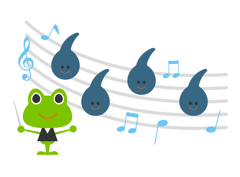かわいい蛙とオタマジャクシの音楽のイラスト