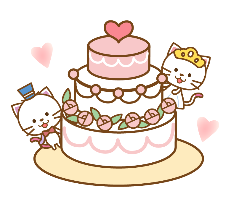 かわいい猫のカップルとウエディングケーキのイラスト