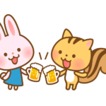 ビールで乾杯するかわいいうさぎとリスさんのイラスト