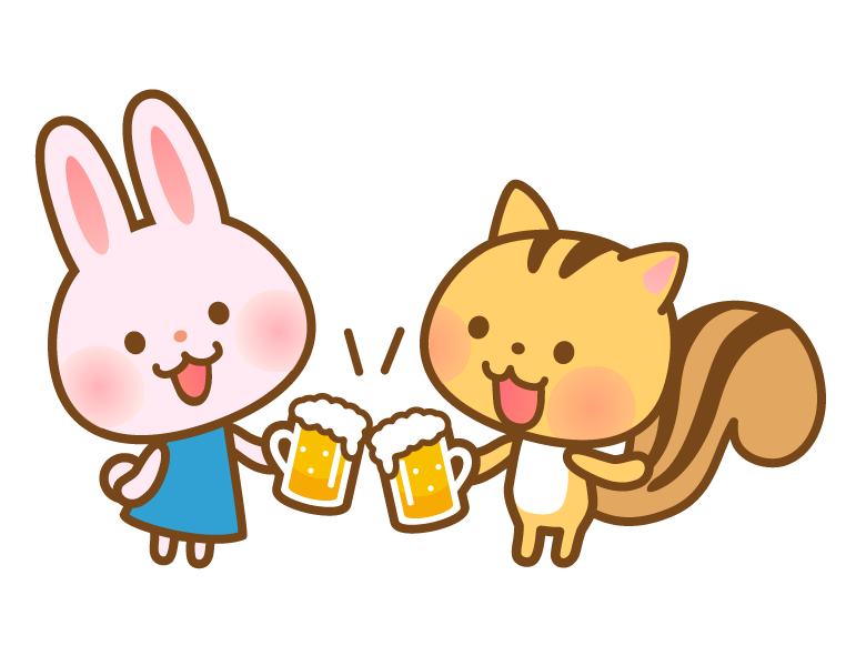 ビールで乾杯するかわいいうさぎとリスさんのイラスト