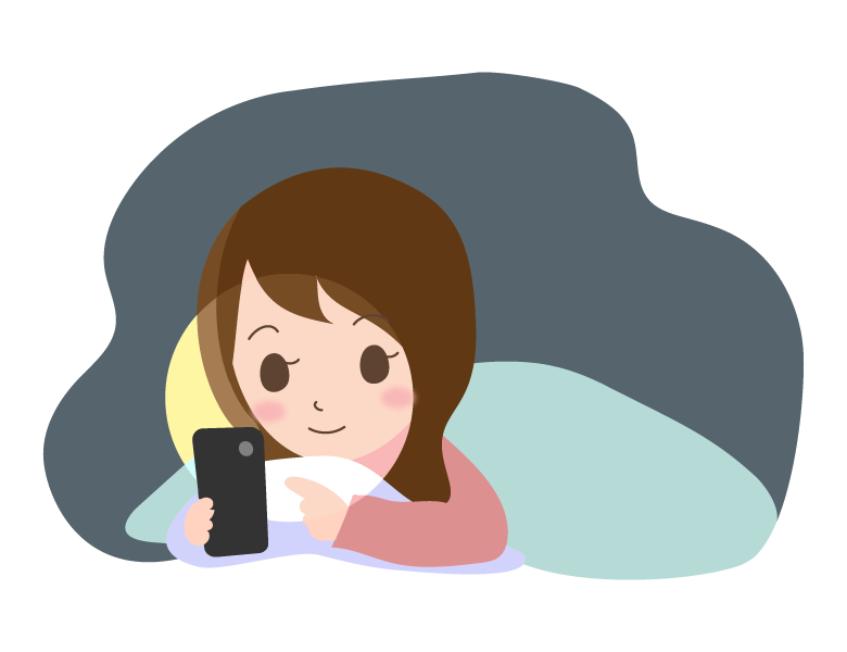 寝る前に布団の中でスマホを見ている女性のイラスト