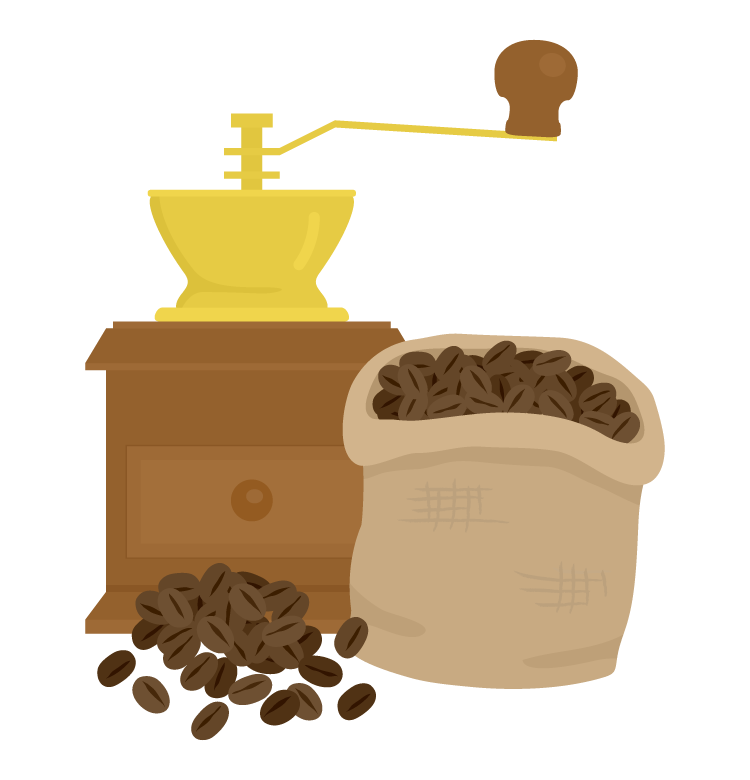 コーヒーミルとコーヒー豆のイラスト