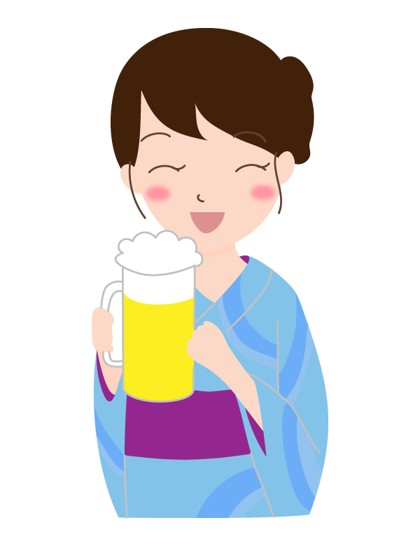 浴衣姿でビールを飲む女性のイラスト