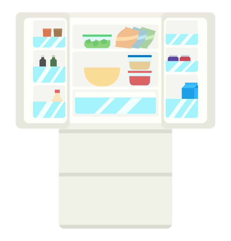 扉を開けた冷蔵庫と中身のイラスト