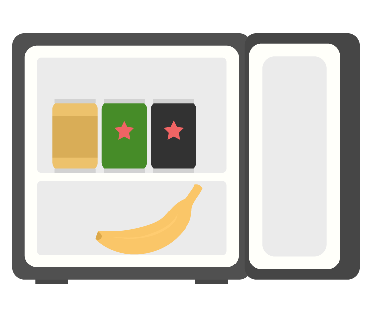 扉を開けた小型冷蔵庫と中身のイラスト