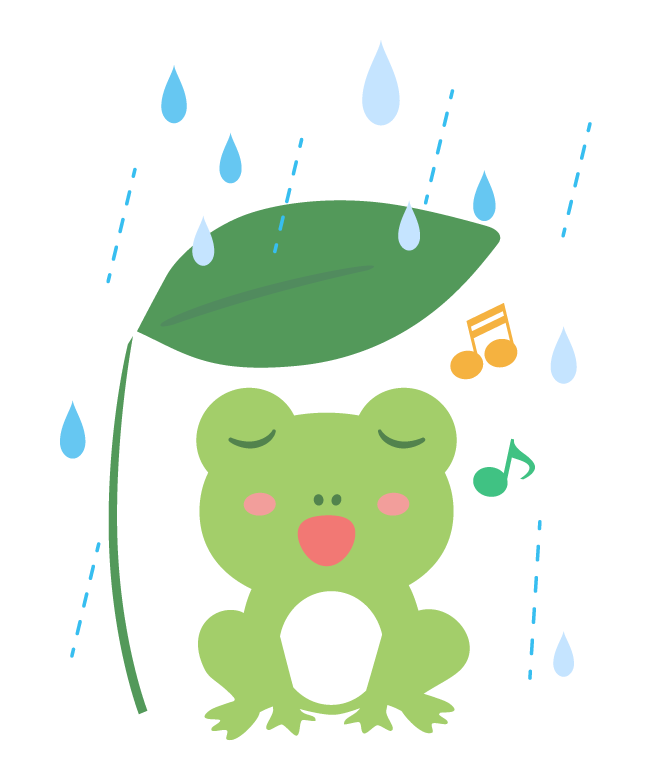 雨の中歌っているかわいいカエルのイラスト