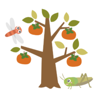 柿の木とキリギリスとトンボのイラスト