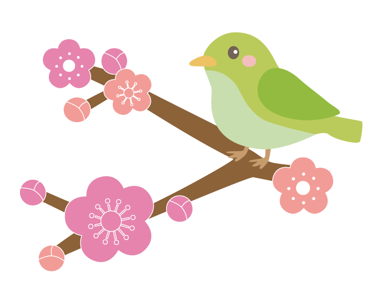梅の花とかわいい鶯（うぐいす）のイラスト