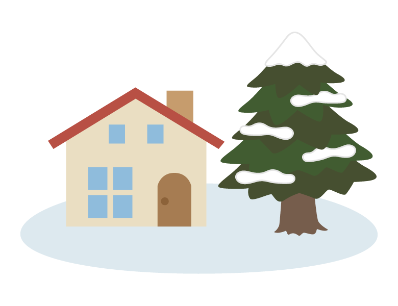 お家と雪が積もったもみの木のイラスト