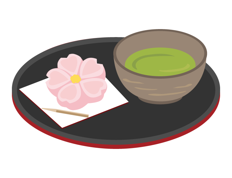 桜の和菓子とお茶のイラスト