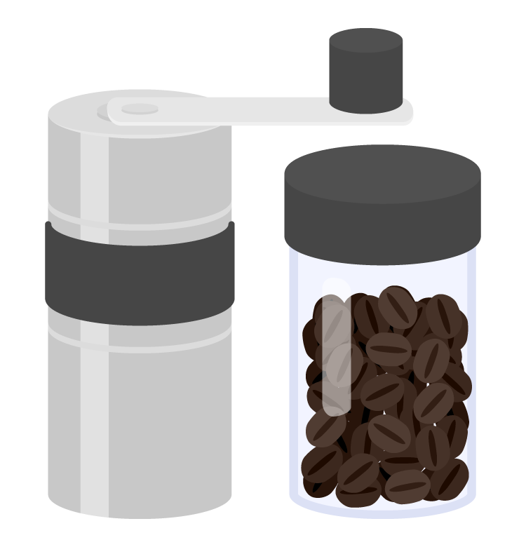 アウトドア用コーヒーミルとコーヒー豆のイラスト