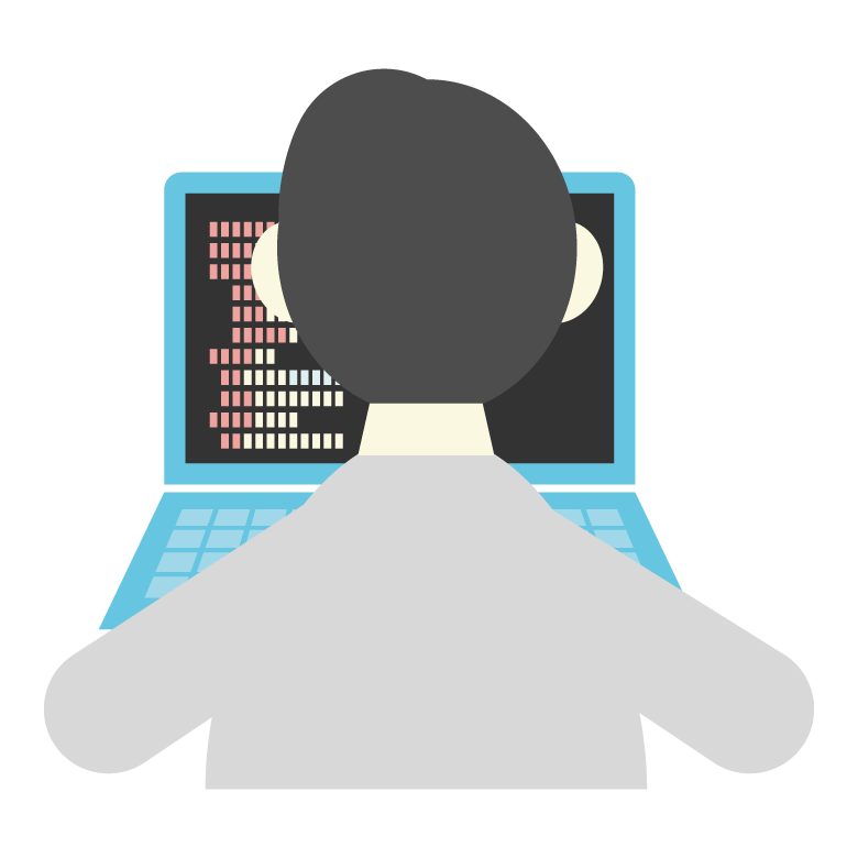 PC操作／プログラミングをしている男性の後ろ姿のイラスト