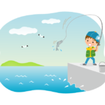 海で魚釣りする男の子のイラスト