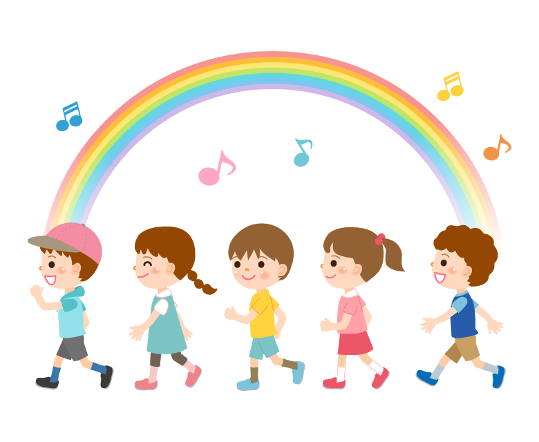 笑顔で歩く子どもたち／虹／音楽のイラスト