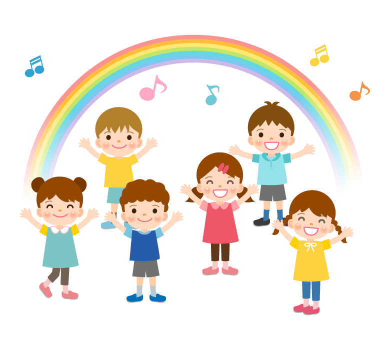 笑顔の子どもたち／虹／音楽のイラスト