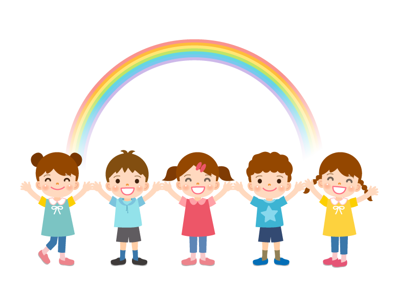 笑顔の子どもたちと虹のイラスト