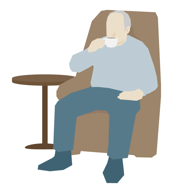 カフェのソファ席でコーヒーを飲む年配の男性のイラスト