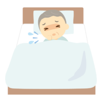 ベッドで咳をする年配男性（おじいちゃん）のイラスト