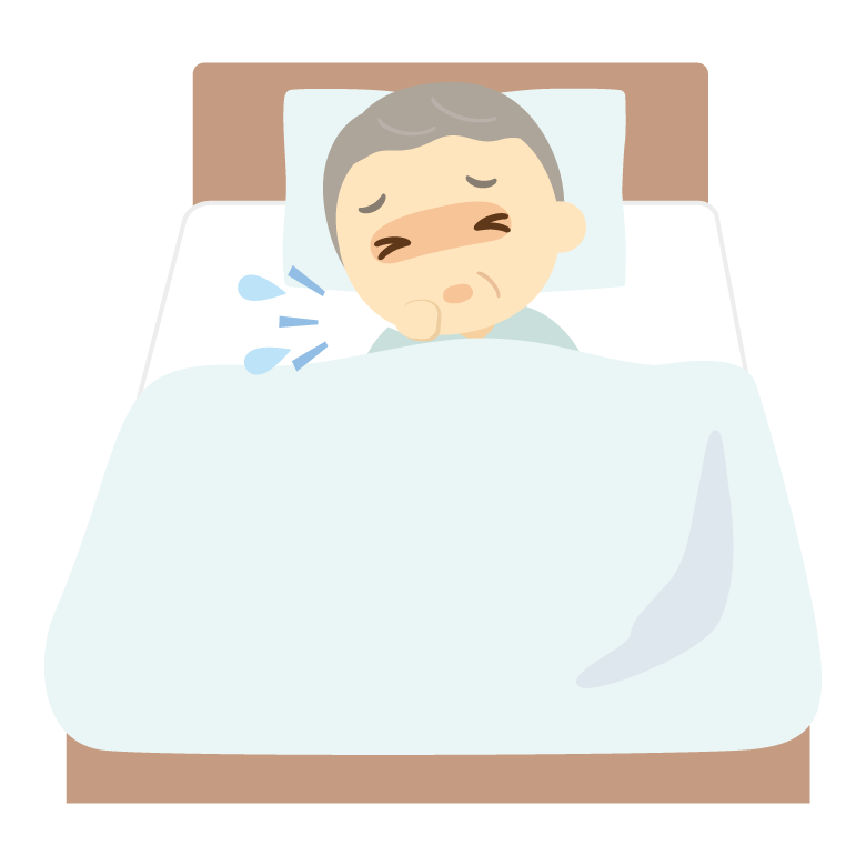 ベッドで咳をする年配男性（おじいちゃん）のイラスト