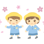 桜と幼稚園児（男の子と女の子）のイラスト