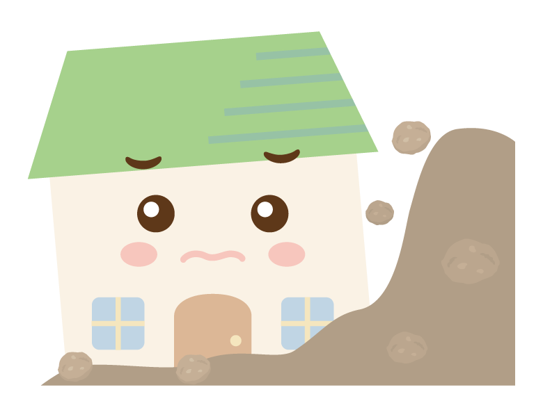 土砂崩れとお家のキャラクターのイラスト