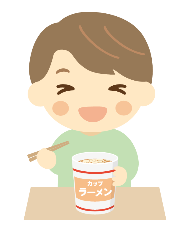 カップラーメンを食べる子ども（男の子）のイラスト