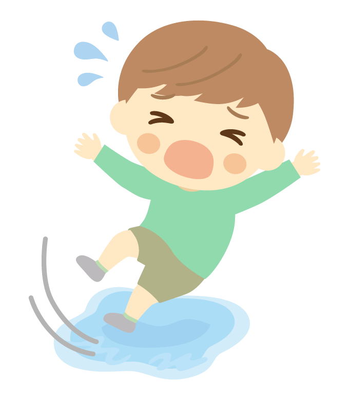 水たまりで転ぶ男の子のイラスト