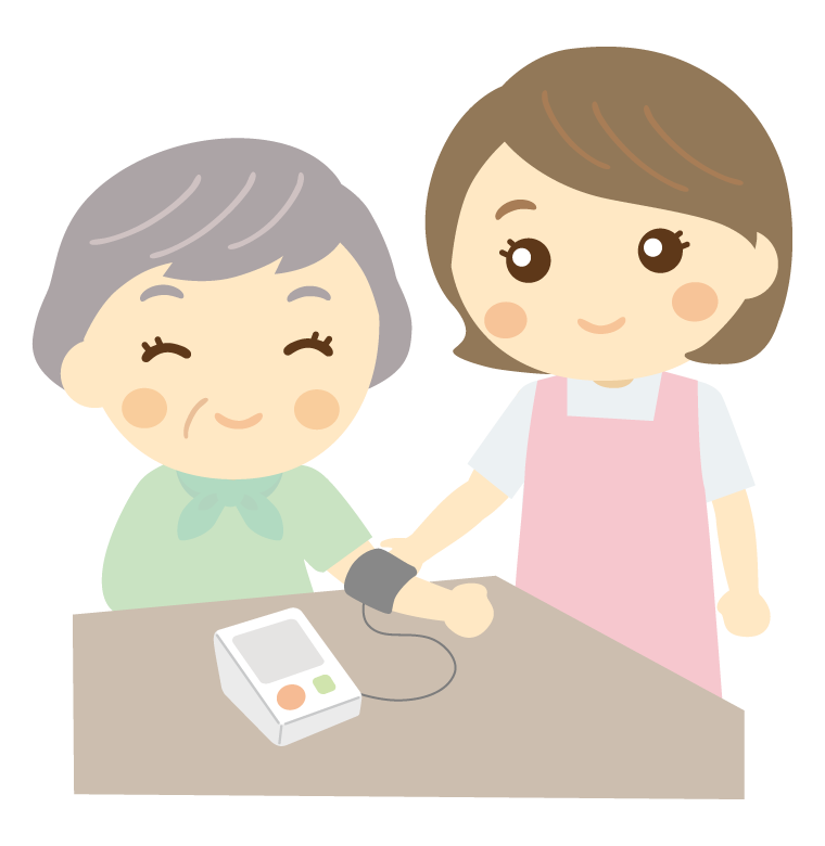 看護師さんと血圧測定をするおばあちゃんのイラスト
