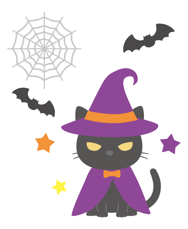 魔法使いの猫とコウモリのハロウィンイラスト