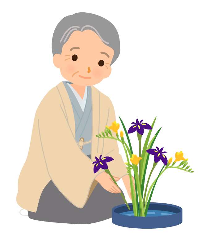 生け花をする年配男性のイラスト