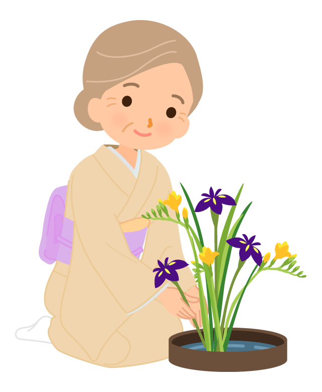 生け花をする年配女性のイラスト
