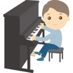 アップライトピアノを弾く男性のイラスト