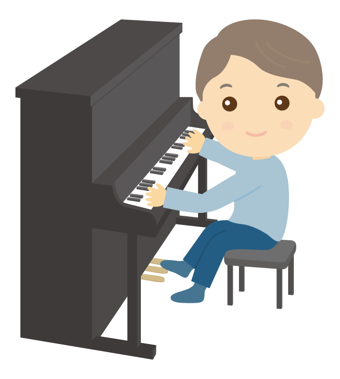 アップライトピアノを弾く男性のイラスト