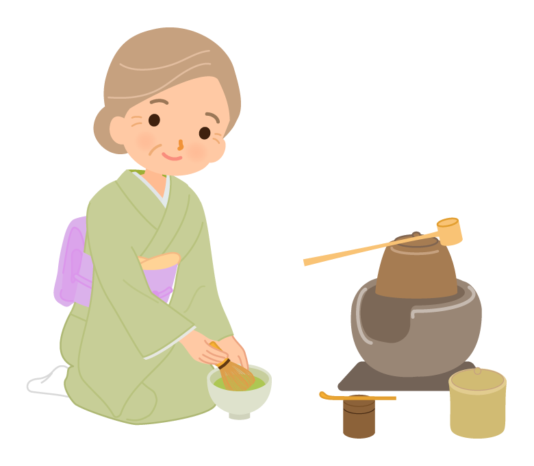茶道でお茶をたてる年配女性のイラスト