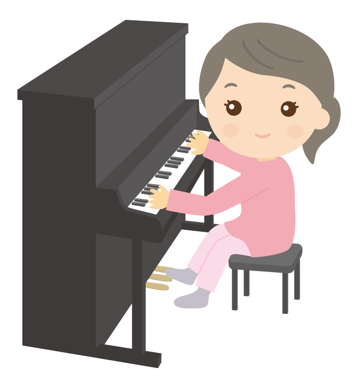 アップライトピアノを弾く女性のイラスト