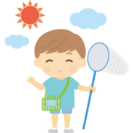 虫取り網とカゴを持った男の子のイラスト