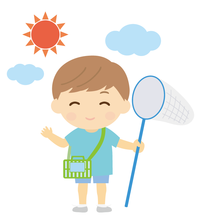 虫取り網とカゴを持った男の子のイラスト