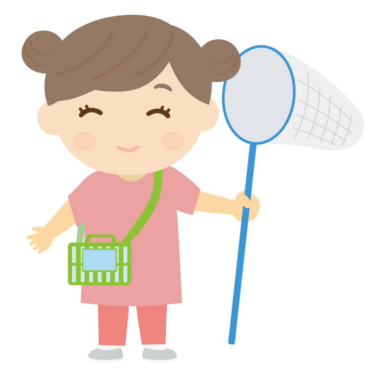 虫取り網とカゴを持った女の子のイラスト