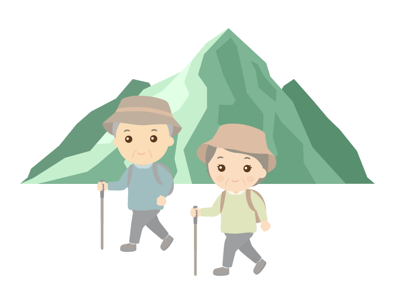 ハイキングを楽しむ年配夫婦のイラスト